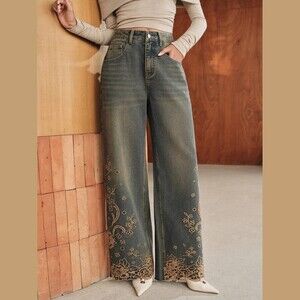 Faded Blue Wash Floral Embroidered Wide Leg Denim Jeans
